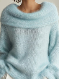 Off-Shoulder Plush Knit Sweater With Folded Collar