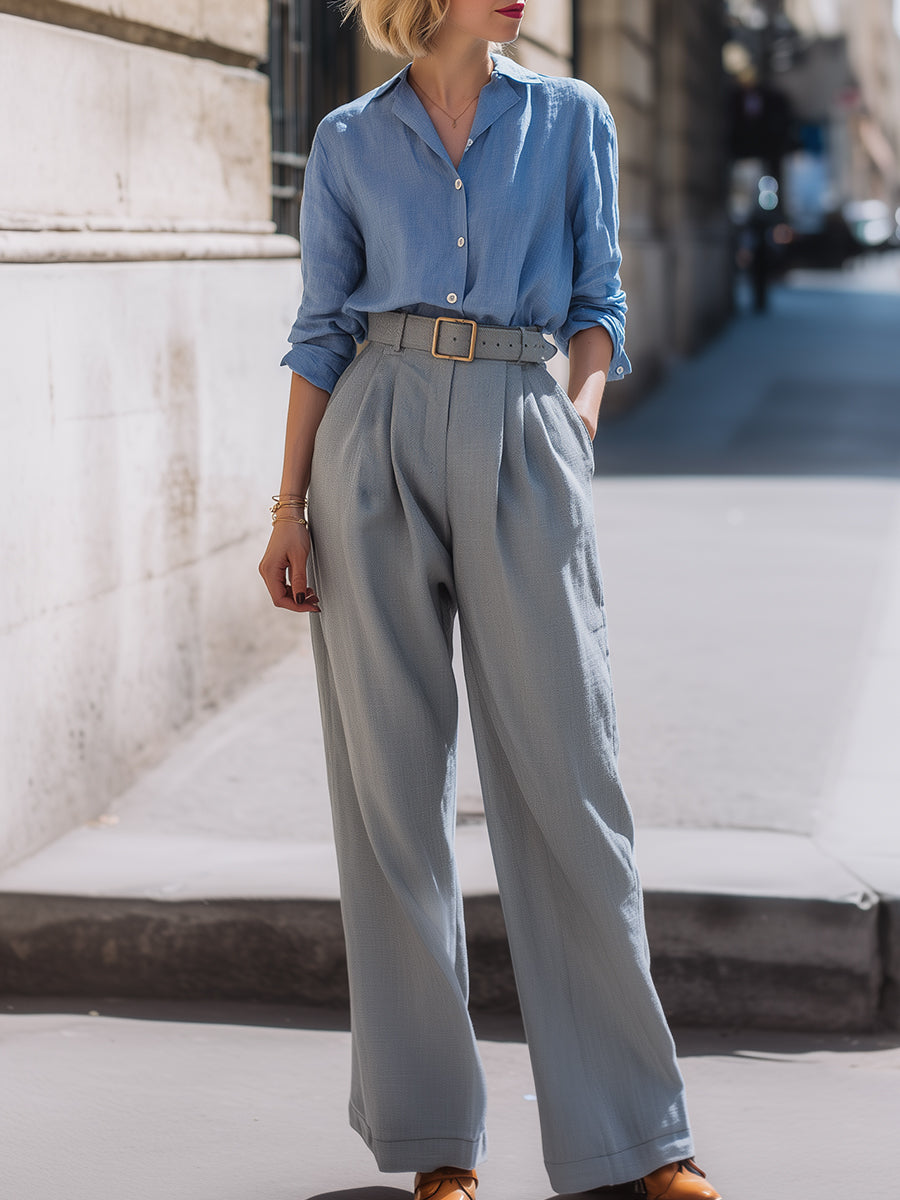 Button-Up Shirt And Wide-Leg Trouser Set