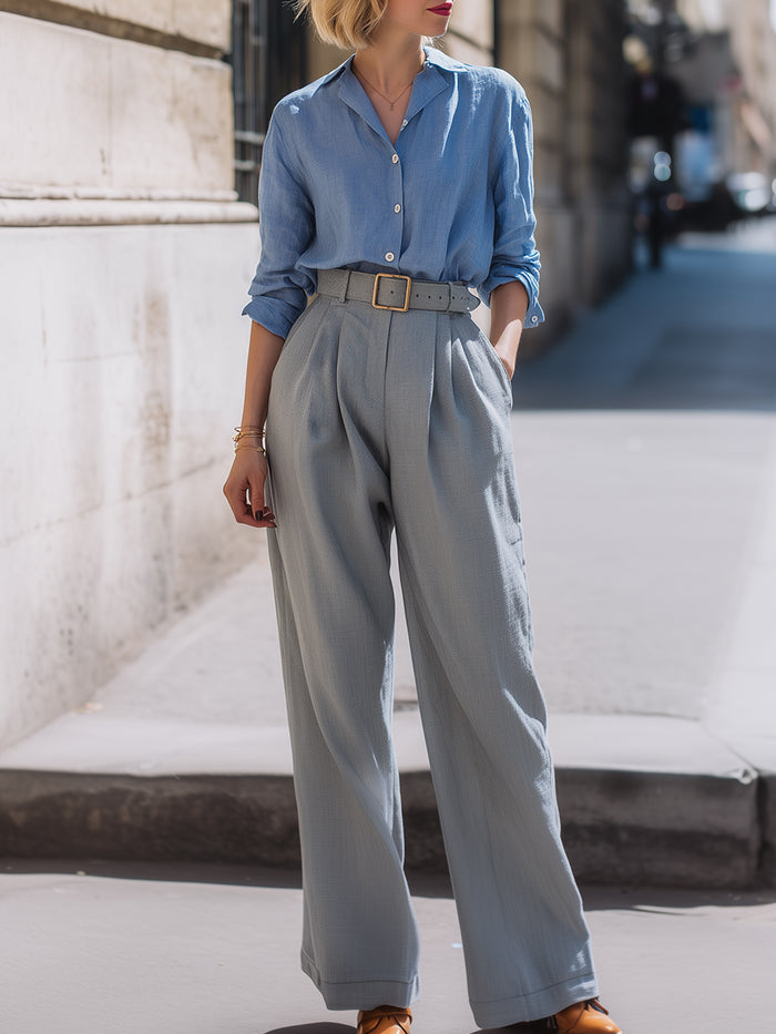 Button-Up Shirt And Wide-Leg Trouser Set