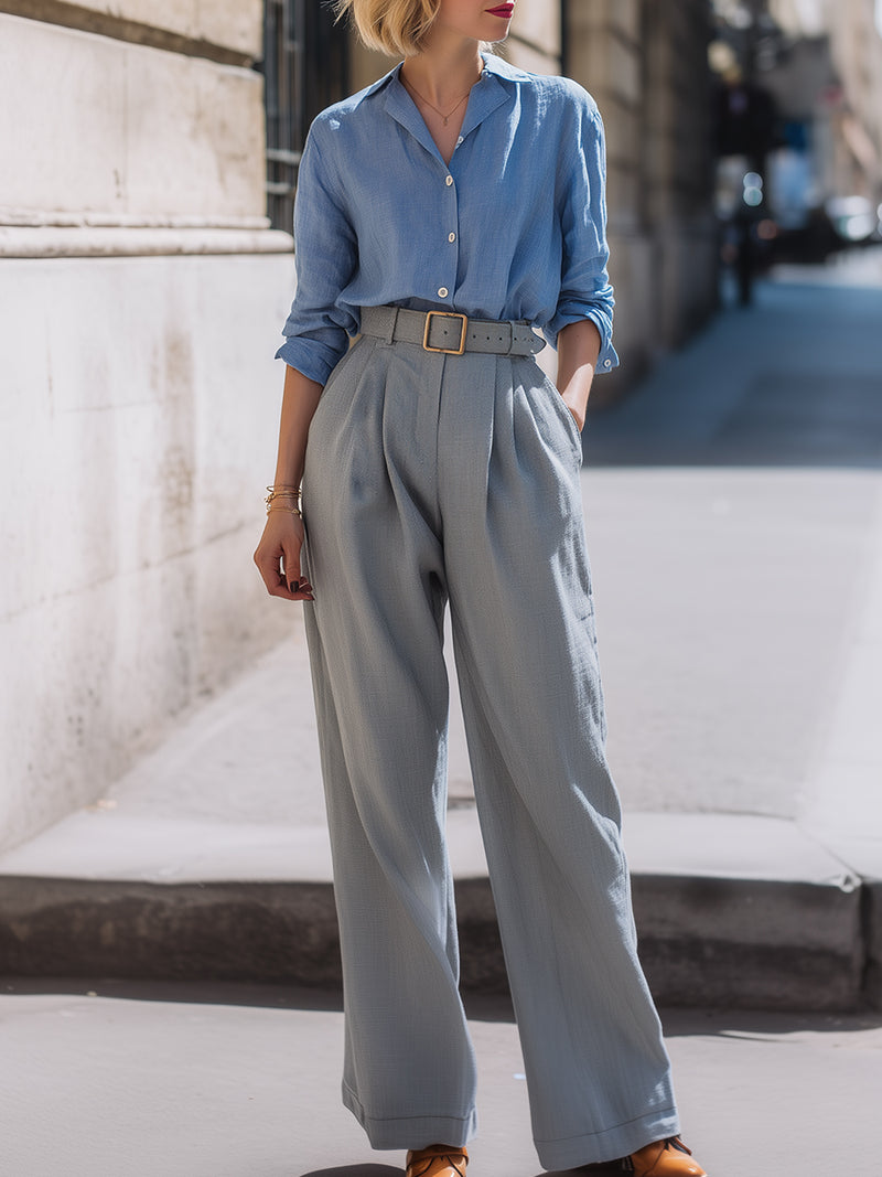 Button-Up Shirt And Wide-Leg Trouser Set
