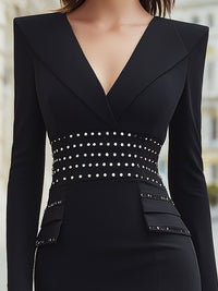 Studded Waist Power-Shoulder Pencil Dress
