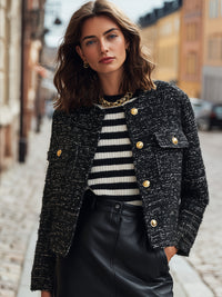 Black Tweed Cropped Jacket With Gold-Tone Buttons