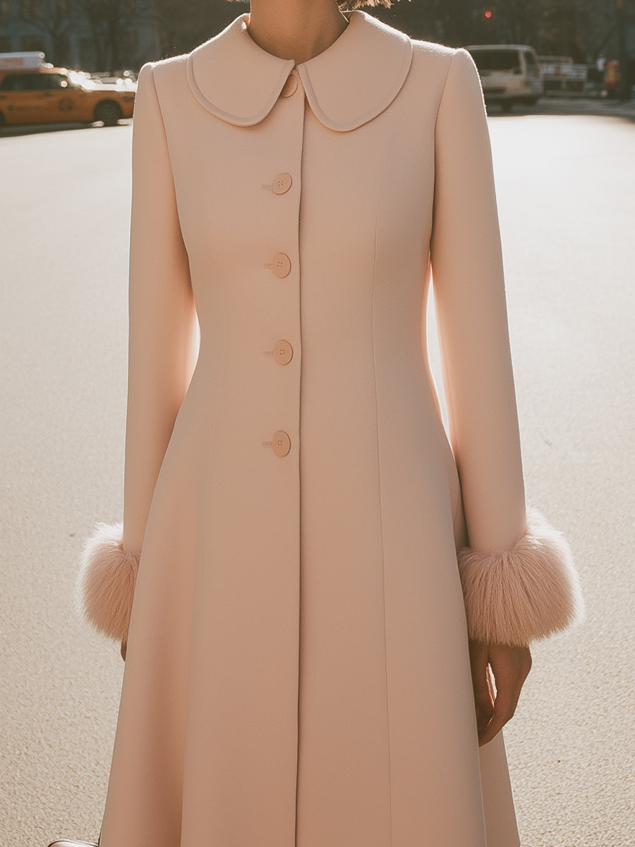 Blush Pink Coat Dress With Peter Pan Collar And Fur Cuffs