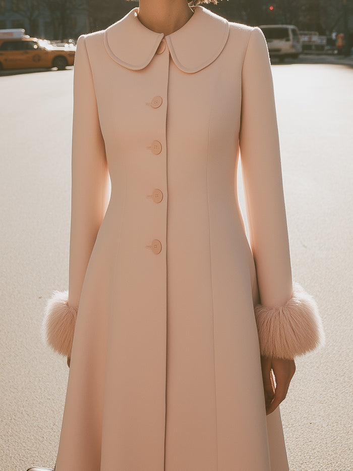 Blush Pink Coat Dress With Peter Pan Collar And Fur Cuffs