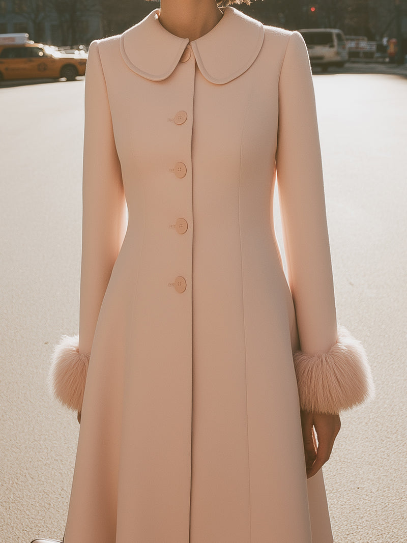 Blush Pink Coat Dress With Peter Pan Collar And Fur Cuffs