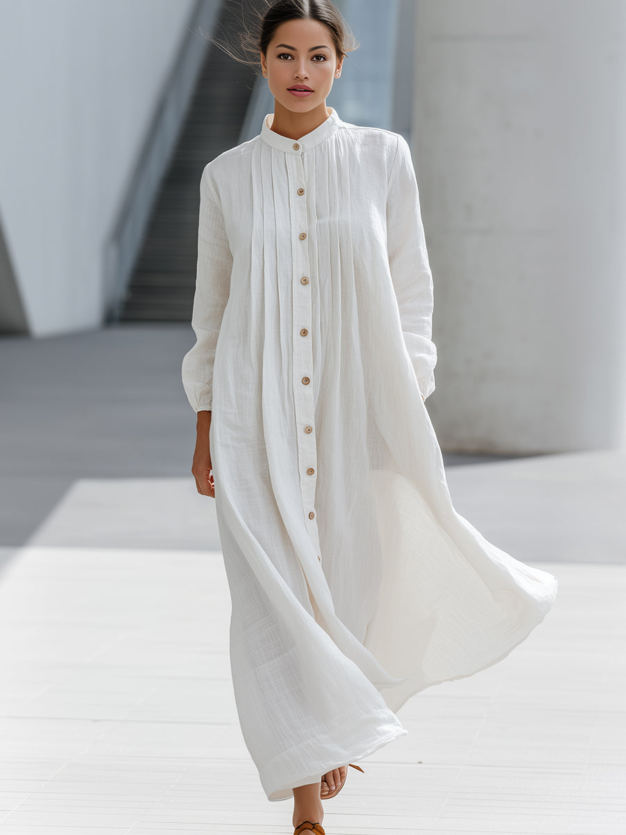Pintuck Button-Front Linen Maxi Shirt Dress