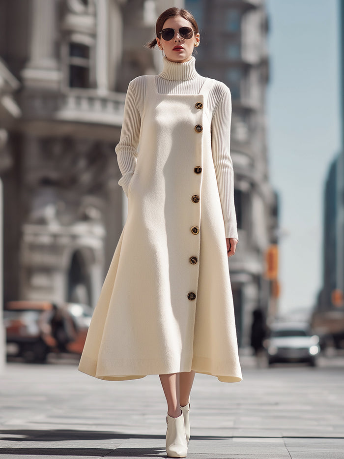 Ivory Buttoned Wool Blend Dress