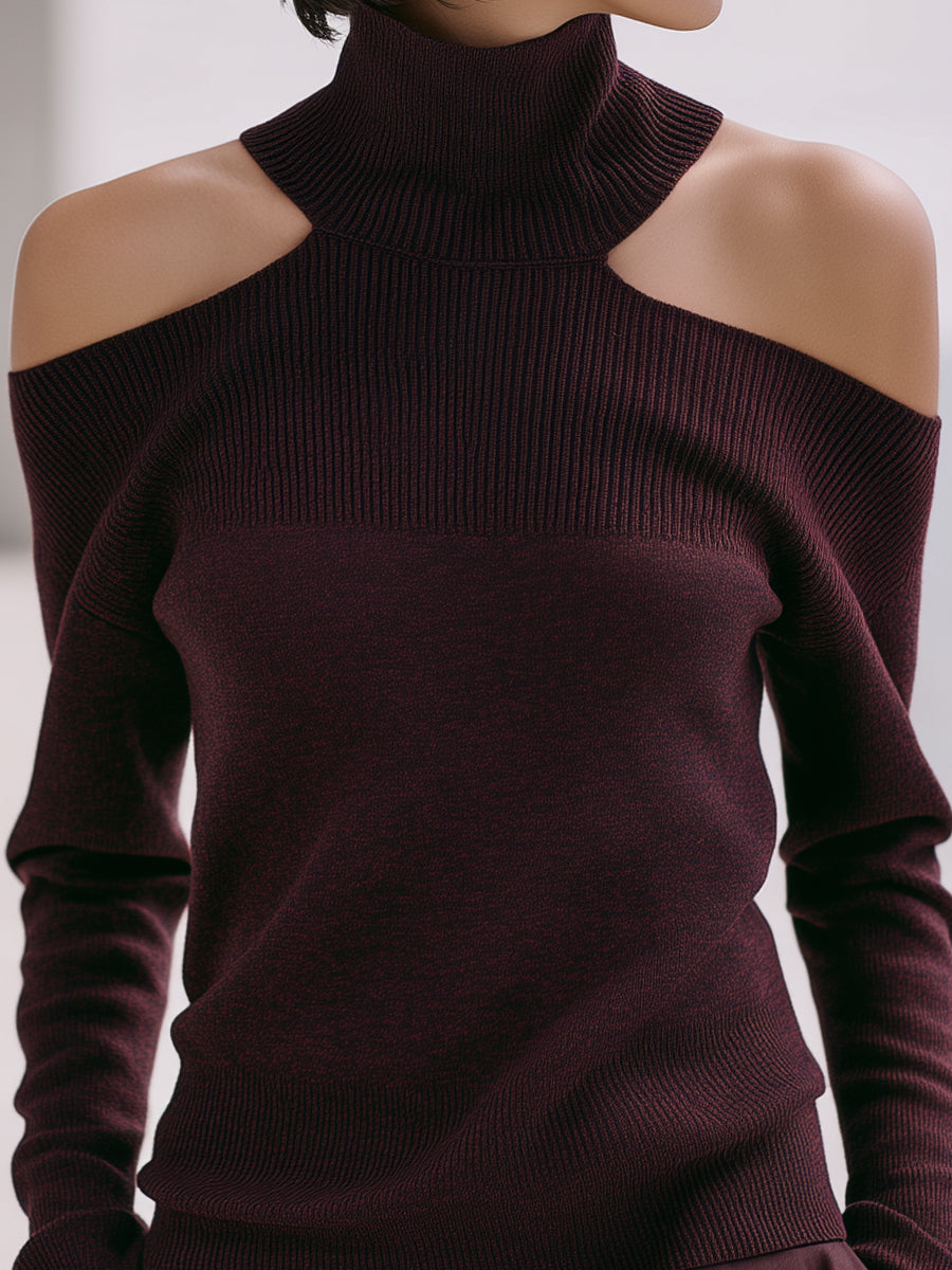 Burgundy Cold-Shoulder Ribbed Turtleneck Knit Sweater
