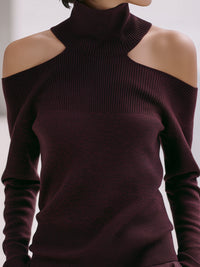 Burgundy Cold-Shoulder Ribbed Turtleneck Knit Sweater