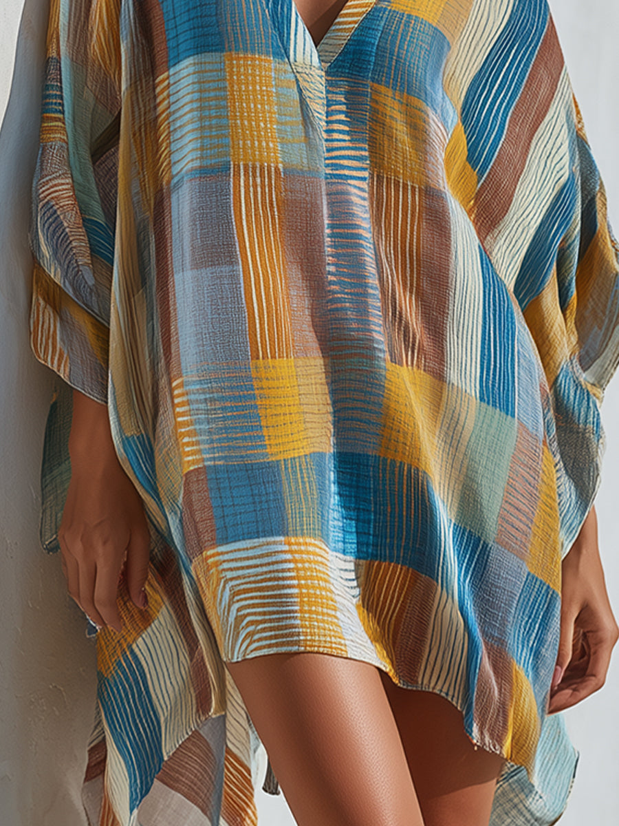 Relaxed V-Neck Printed Kaftan Resort Mini Dress