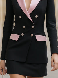 Black Double-breasted Blazer And Skirt Set With Pink Satin Trim