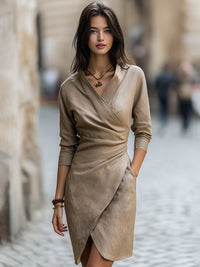 Textured Wrap-Front V-Neck Midi Dress