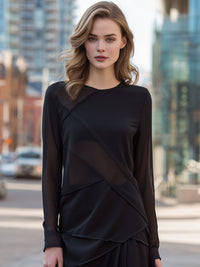 Asymmetric Mesh-Panel Layered Long-Sleeve Top