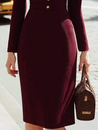 Burgundy Military-Inspired Buttoned Midi Dress