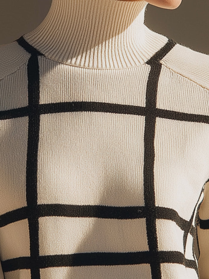 Monochrome Grid Knit Turtleneck Sweater