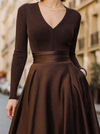 Chocolate Brown Knit And Satin Midi Dress
