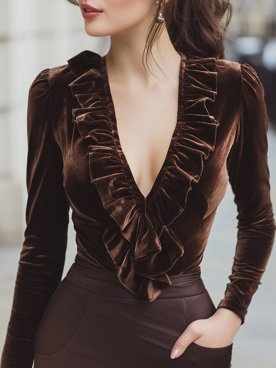 Velvet Brown Ruffled V-Neck Top With Long Sleeves