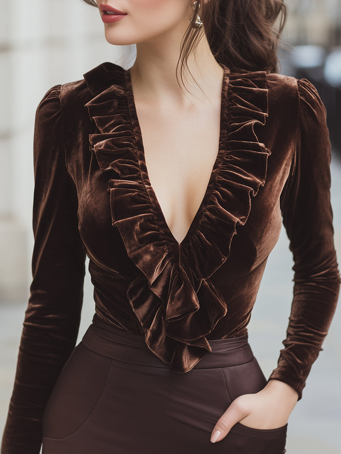 Velvet Brown Ruffled V-Neck Top With Long Sleeves
