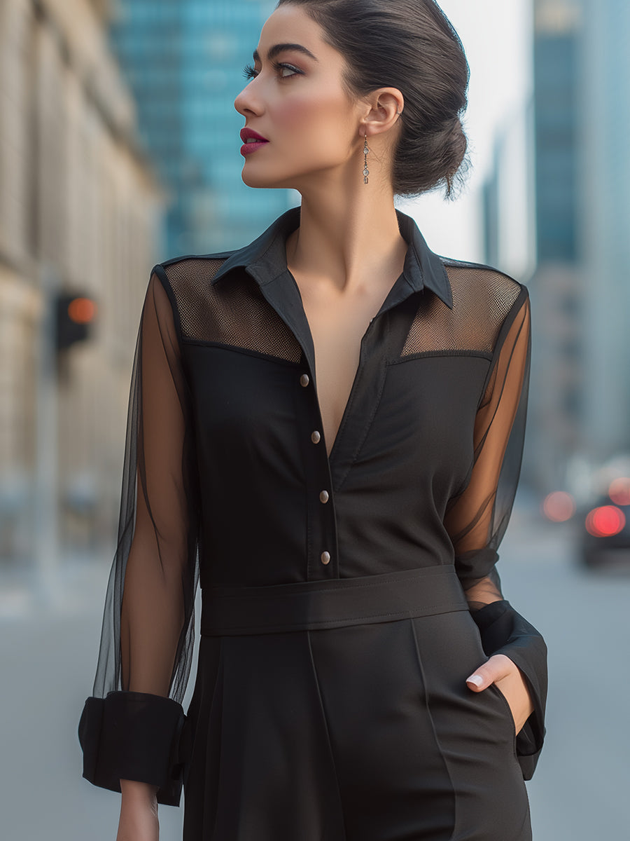 Sheer Panel Button-Front Collared Blouse