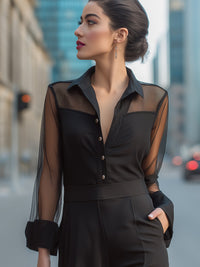 Sheer Panel Button-Front Collared Blouse
