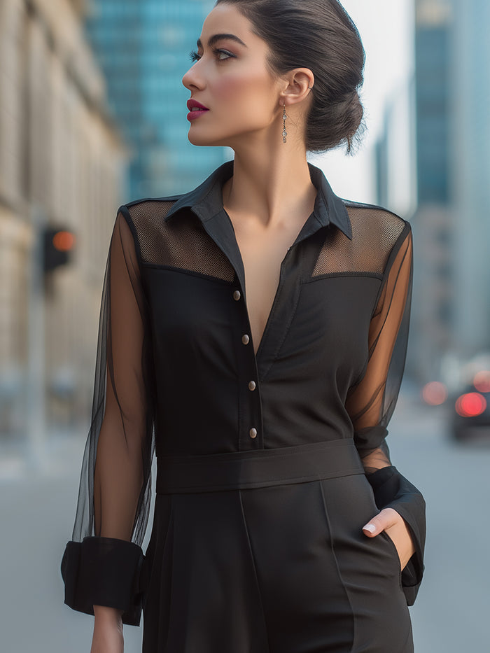 Sheer Panel Button-Front Collared Blouse