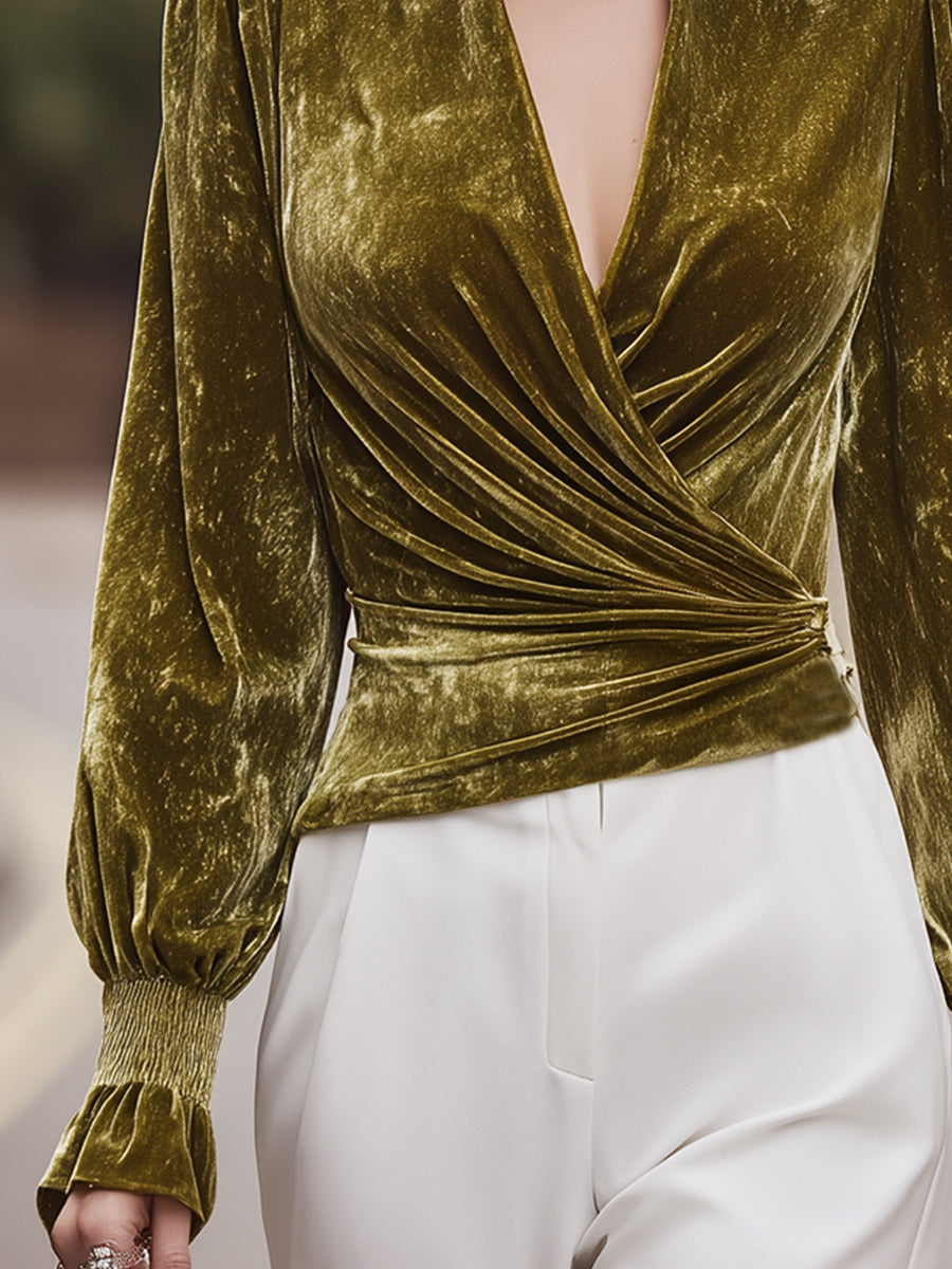 Olive Velvet Wrap Blouse With High Neck