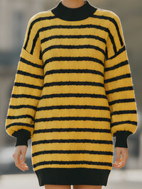 Yellow And Black Striped Textured Knit Sweater Dress