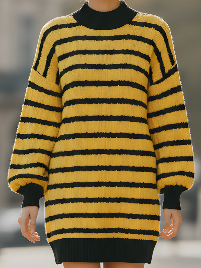 Yellow And Black Striped Textured Knit Sweater Dress