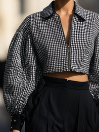 Houndstooth Cropped Jacket With Voluminous Sleeves