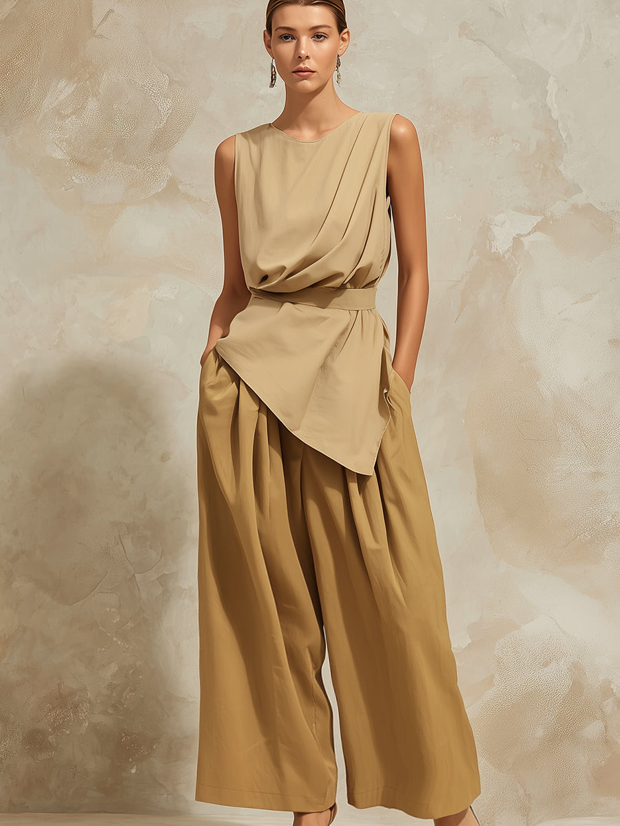 Elegant Draped Asymmetrical Top + Wide-Leg Pants Two-Piece Set
