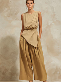 Elegant Draped Asymmetrical Top + Wide-Leg Pants Two-Piece Set
