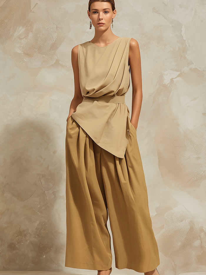 Elegant Draped Asymmetrical Top + Wide-Leg Pants Two-Piece Set