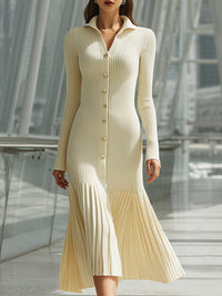 Cream Ribbed Knit Pleated Hem Midi Dress