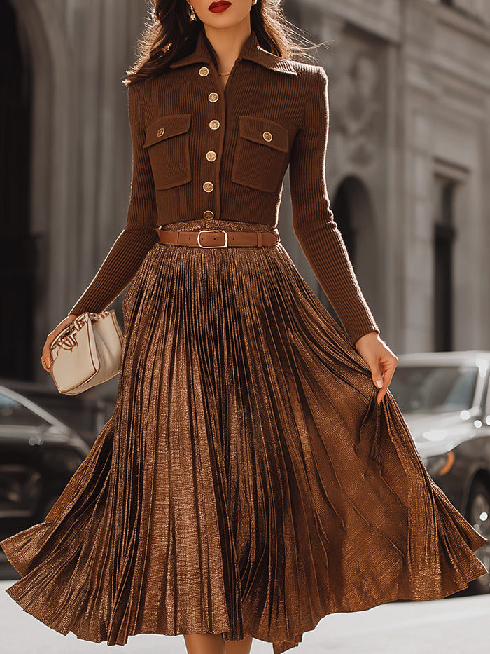 Bronze Pleated Midi Skirt With Ribbed Knit Top