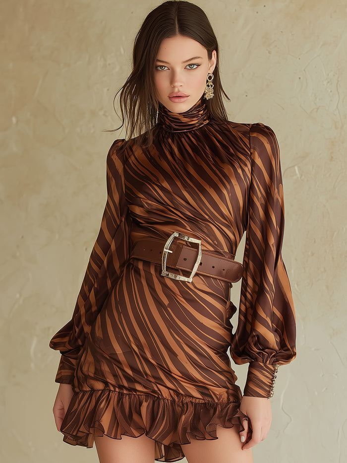 Brown Irregular Striped Mini Dress With Ruffled Hem And Tie At The Waist