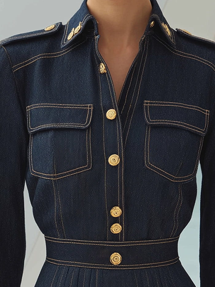Dark Denim Pleated Military-Inspired Mini Dress