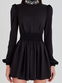 Black Puff Sleeve High-Neck Mini Dress