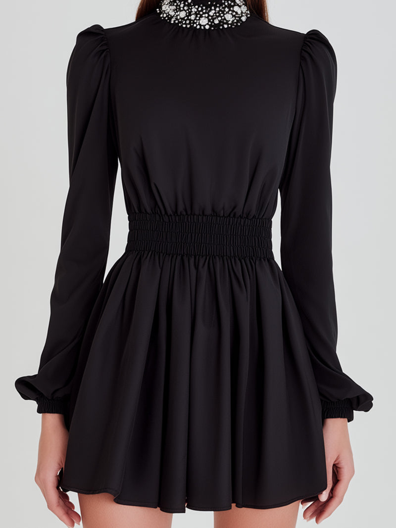 Black Puff Sleeve High-Neck Mini Dress
