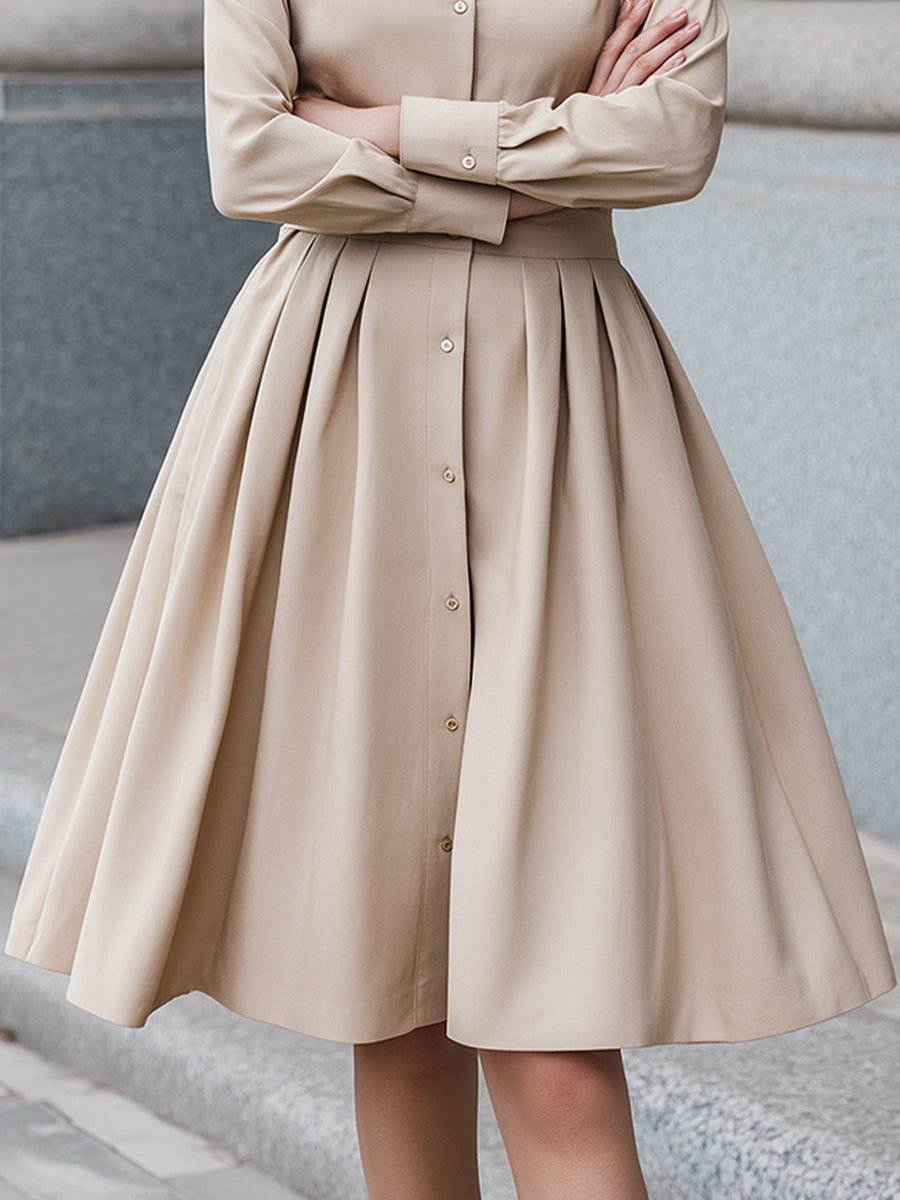 Beige Button-Front Shirt Dress With Pleated A-Line Skirt