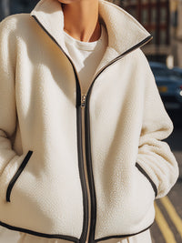 Cream Zip-Up Fleece Jacket With Contrast Trim