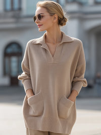 Camel Knit Polo Sweater With Front Pockets