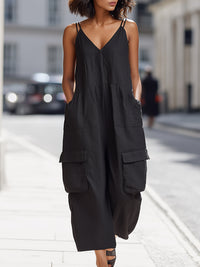 Double-Strap V-Neck Cargo Wide-Leg Jumpsuit