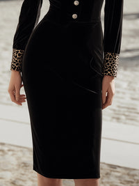 Black Velvet Pencil Dress With Leopard Trim