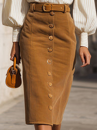 Striped Blouse & Corduroy Pencil Skirt Set
