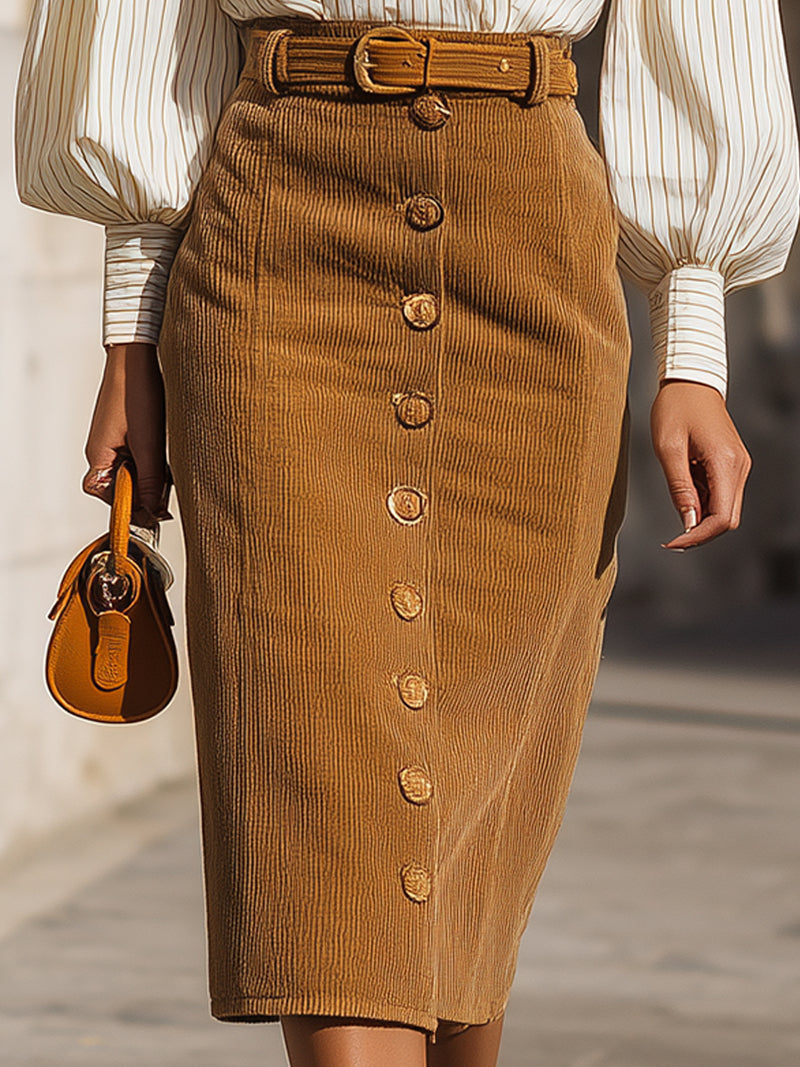 Striped Blouse & Corduroy Pencil Skirt Set