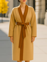 Wrap Coat With Contrast Trim And Tie Belt
