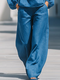 Square-Neck Denim Blouse And Wide-Leg Pants Set