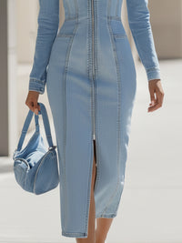 Square-Neck Structured Denim Midi Dress With Front Slit