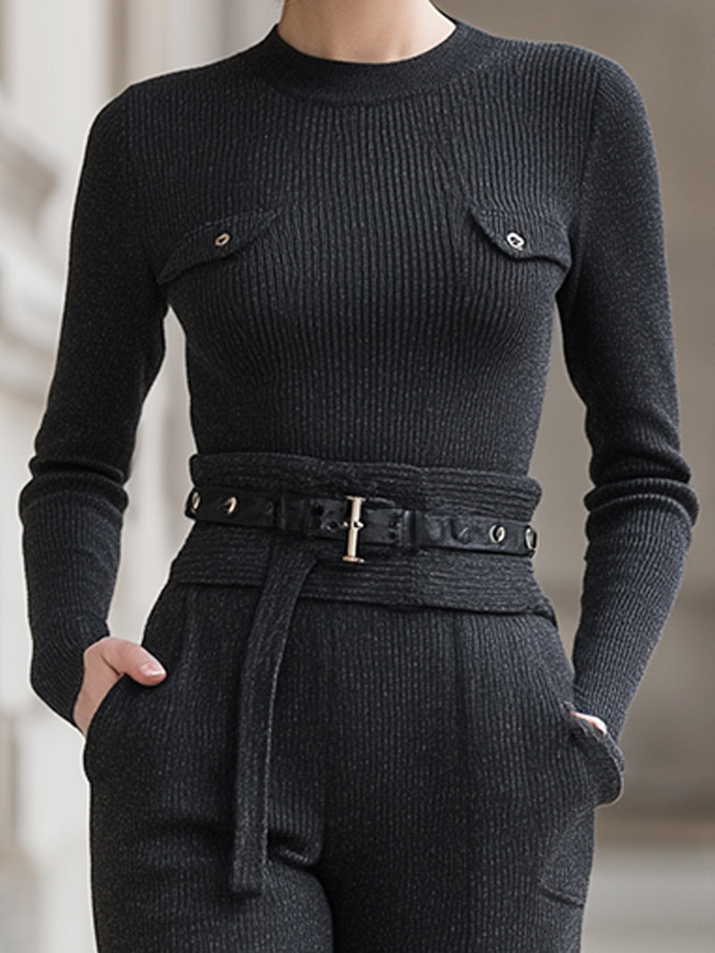 Elegant Black Ribbed Knit Belt Set