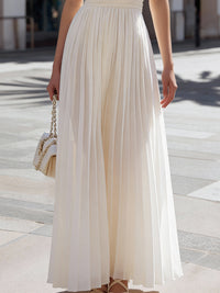 Ivory Halter Pleated Maxi Dress With Defined Waist